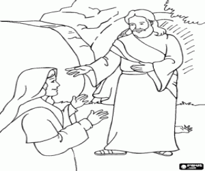 Jesus risen from the dead with Mary Magdalene in front of the grave coloring page