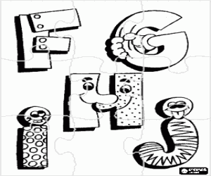 Jigsaw of Letters F, G, H and J with funny drawings coloring page