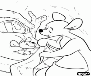 Kanga putting Roo, the little kangaroo, in bed coloring page