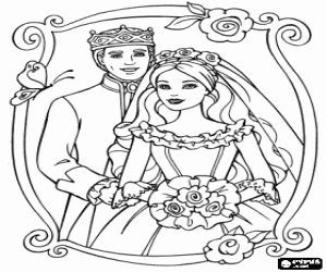 Ken and Barbie in a beautiful framed picture of their wedding day coloring page