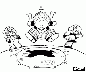 Kid jumping in a puddle with two friends watching coloring page