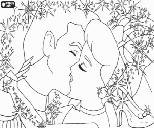 Kiss between the prince and princess surrounded of stars  coloring page