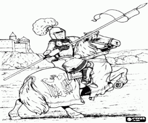 Knight in an steel fabric armor and helmet with the spear in hand on a horse near a castle coloring page