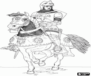 Knight in armor and helmet riding a horse coloring page