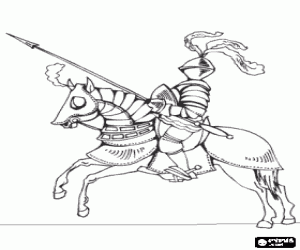 Knight in armor and with his spear ready mounted on his horse also protected with armor coloring page