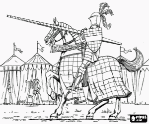 Knight with helmet and armor and with his spear ready mounted on his horse in a camp coloring page