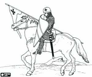 Knight with helmet, steel mesh, shield, sword and spear bearer coloring page