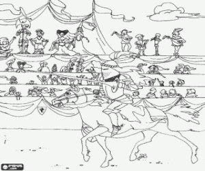 Knight with his spear mounted on his horse participating in a tournament with the public observing coloring page
