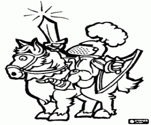 Knight with sword held high on his horse coloring page