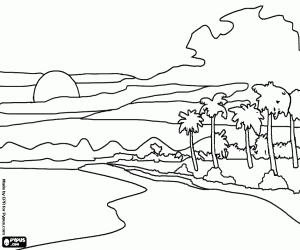 Landscape of a tropical island with palm trees and mountains in the background clouds coloring page