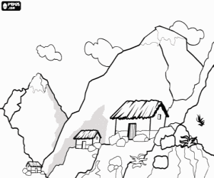 Landscape of high mountains with snowy peaks and some shelters coloring page