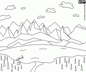 Landscape of lake with the mountains in the background and with a house and a small boat moored coloring page