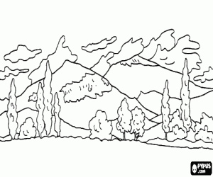 Landscape with hills in the background and trees in the foreground coloring page