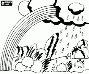 Landscape with rainbow, sun, clouds and rain coloring page