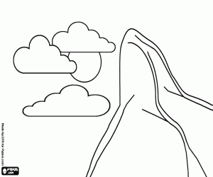 Large peak with clouds and sun in the background coloring page