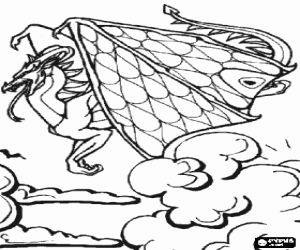 Large winged dragon flying above the clouds coloring page