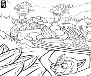 Lemurs carrying large trays of fruit coloring page