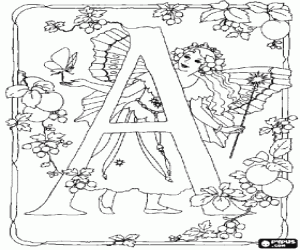 Letter A with a fairy with her magic wand and a butterfly and surrounded by flowers coloring page