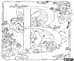 Letter B with a fairy and a fairy baby and surrounded by flowers coloring page