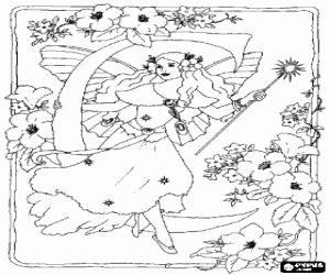Letter C with a fairy with her magic wand and surrounded by flowers coloring page
