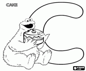 Letter C with Cookie Monster eating a cake coloring page