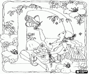 Letter D with a fairy with a butterfly and surrounded by flowers coloring page
