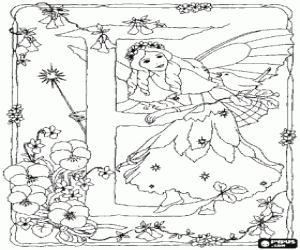 Letter E with a fairy with her magic wand watching a songbird and surrounded by flowers coloring page