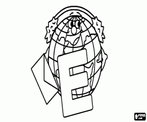 Letter E with the planet Earth with earmuffs and an envelope coloring page