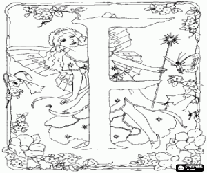 Letter F with a fairy with her magic wand watching a butterfly and surrounded by flowers coloring page