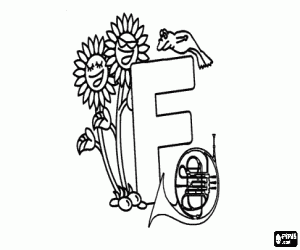 Letter F with two flowers, a frog and a french horn coloring page