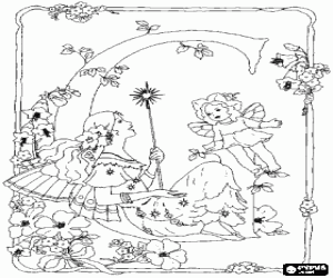 Letter G with a fairy with her magic wand, a fairy girl and surrounded by flowers coloring page