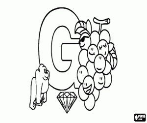 Letter G with some grapes, a gorilla and a gem or gemstone coloring page