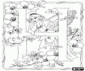 Letter H with a fairy watching two birds and surrounded by flowers coloring page