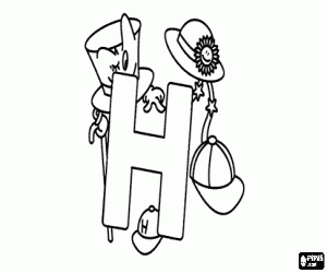 Letter H with diferent kinds of hats coloring page