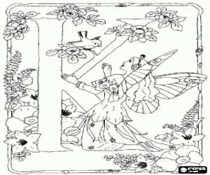 Letter K with a fairy watching a bird and surrounded by flowers coloring page