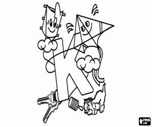 Letter K with two kites, two keys and a kitten coloring page