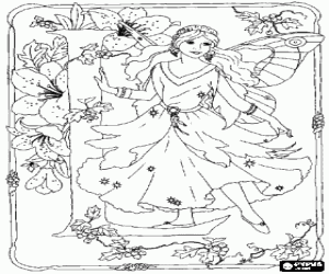 Letter L with a fairy and surrounded by flowers coloring page