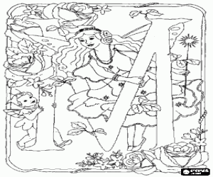 Letter M with a fairy with her magic wand, a goblin and surrounded by flowers coloring page