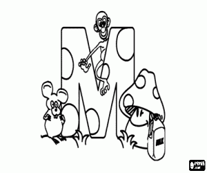 Letter M with a monkey, a mouse, a mushroom and a bottle of milk coloring page