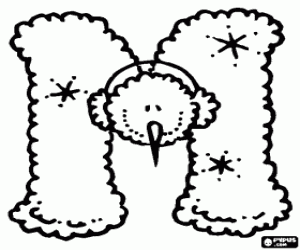 Letter M with a snowman with ear warmers coloring page