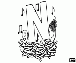 Letter N in a nest, a nine with some notes and with noodles in a fork coloring page