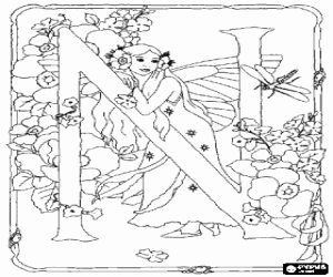 Letter N with a fairy watching a dragonfly and surrounded by flowers coloring page