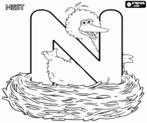 Letter N with Big Bird in the nest coloring page