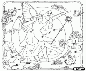 Letter O with a fairy with her magic wand watching a butterfly and surrounded by flowers coloring page