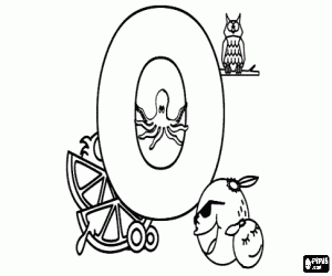 Letter O with some oranges, an octopus and an owl coloring page