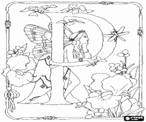 Letter P with a fairy watching a dragonfly and surrounded by flowers coloring page