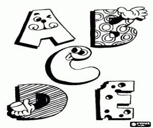 Letters A, B, C, D and E with funny drawings coloring page
