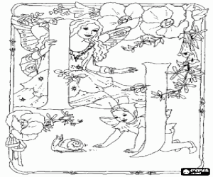 Letters I and J with a fairy, a goblin, a snail and surrounded by flowers coloring page