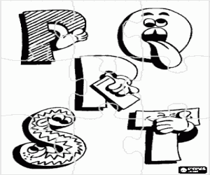 Letters P, Q, R and S with funny drawings puzzle coloring page