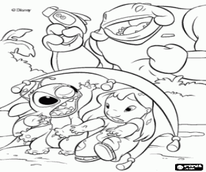 Lilo and Stitch captured by the net launched by their archenemy, Captain Gantu coloring page